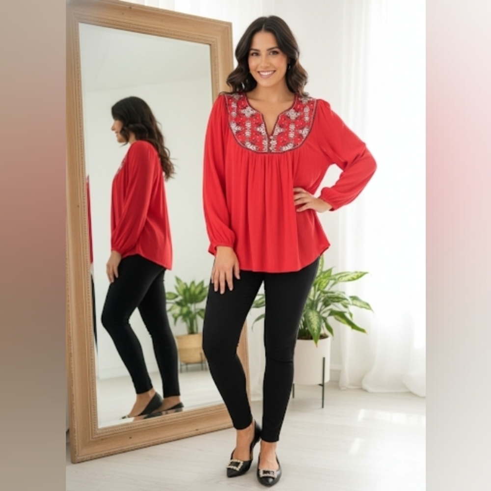 Boho 3XL Red Embroidered Popover Soft Stretch Knit Art Babydoll Top New